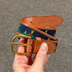 Vintage Genuine Leather Embroidered Golf Themed Motif Belt Gold Buckle Women’s S